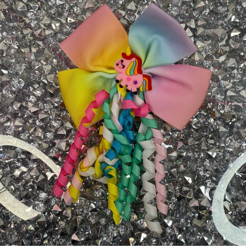Hair bow Rainbow Unicorn Hair Bow with Curly Ribbon Tails - Multicolor bright